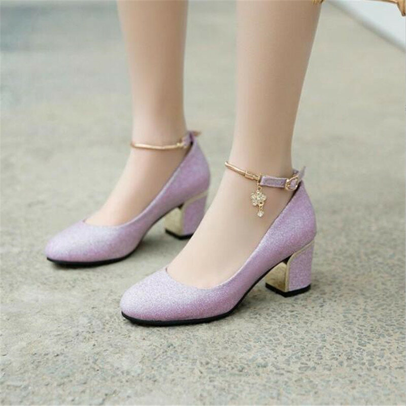 Fashion Sequin Girls Leather Shoes Woman Dress High Heel Shoes Ladies Buckle Heel Pumps Party Wedding Shoes Size 32-43