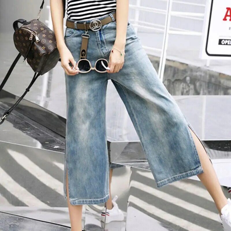 Джинсы, Новинка весна-лето 2023, женские тонкие широкие брюки с разрезом, облегающие модные джинсовые повседневные брюки с высокой талией