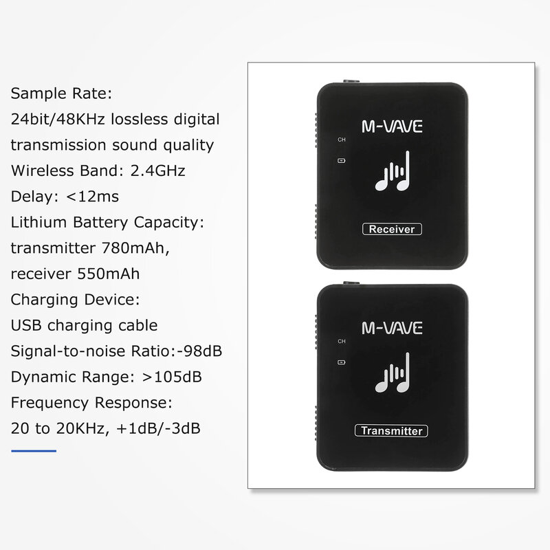 M-Vave SWS10 Wireless Earphone Monitor Sistema de Transmissão, USB Recarregável Transmissor e Receptor, Mono Stereo, Transmissor 2.4GHz