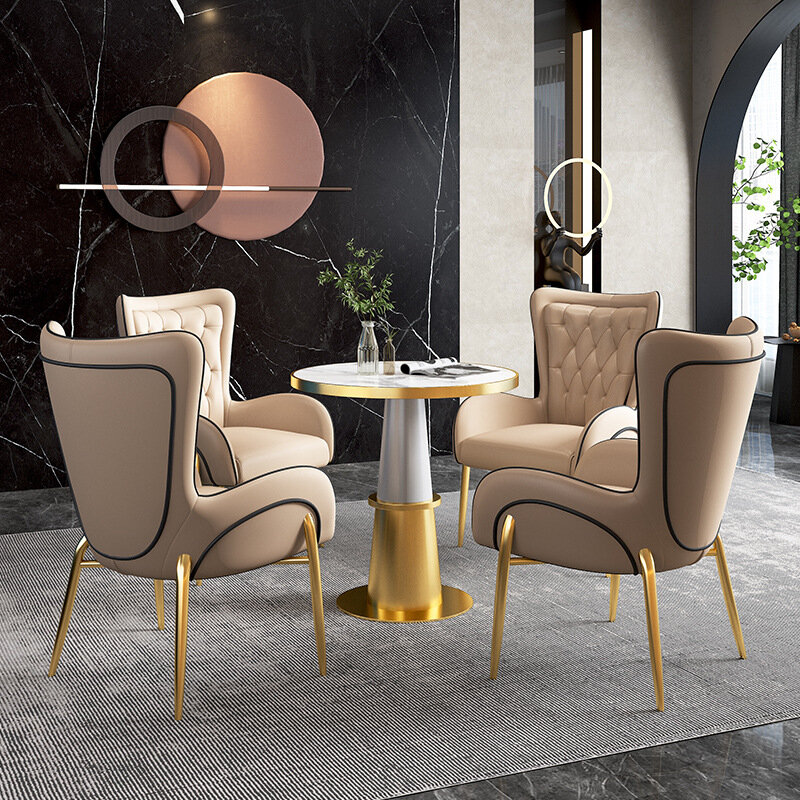 Moderne goldene Luxus glänzende Metalls tühle Restaurant Café Café benutzer definierte Farbe Leder Esszimmers tuhl und Tischset