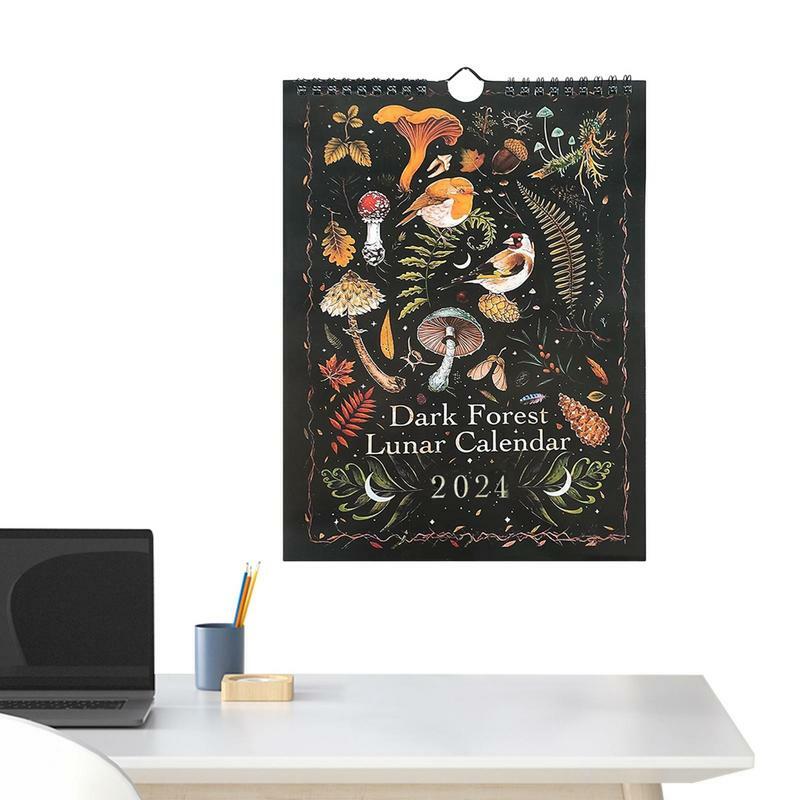 Calendário Lunar Floresta Escura, Pingente de parede original ilustrado para escritório, Art Moon, Presente criativo, Decoração, 2024