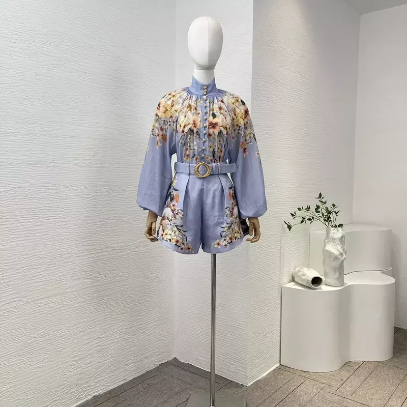 Blue Palm Floral Print Ramie Long Sleeve Buttons Blouse and High Waisted Linen Removable Wide Fabric Belt Shorts Women Set