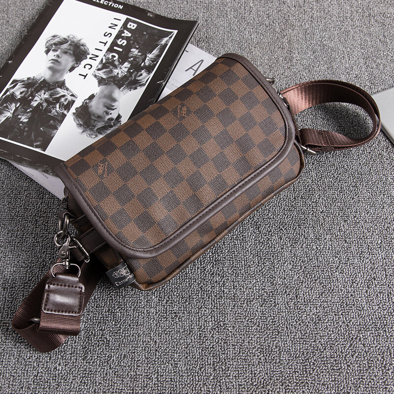 Bolsa de ombro simples xadrez masculina, couro PU, bolsa mensageiro quadrada, bolsa casual, moda empresarial, japonesa, verão