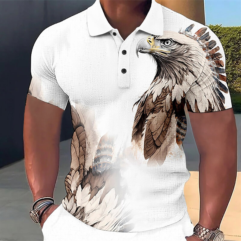 Camisa polo larga larga de manga curta masculina, estampa 3D lobo e águia, roupa animal casual, tops de alta qualidade, verão