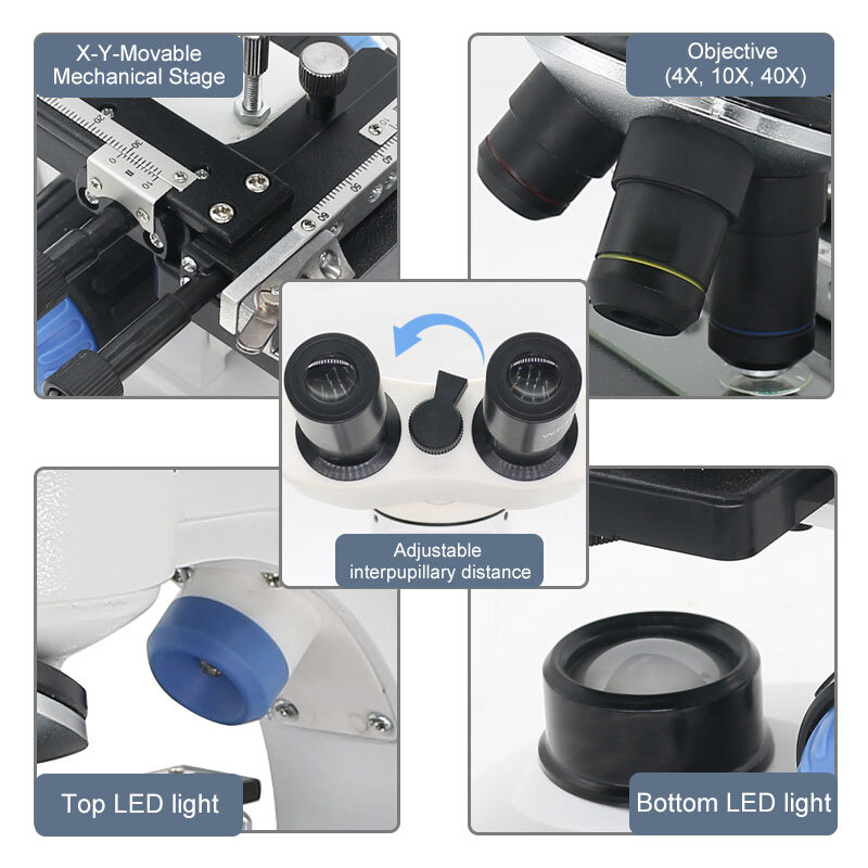 2000X مجهر ثنائي العينين LED مضاءة المجهر البيولوجي التعليمية تجربة العلوم الطالب مع مقطع الهاتف الذكي