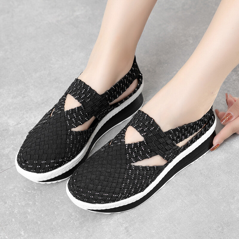 STRONGSHEN Women Handmade Woven Shoes Flat Platform Casual Loafers Slip On Breathable Walking Sneakers Fashion Tenis 4.5CM Heigh