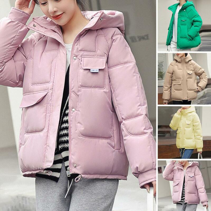 Women Winter Jacket Patch Pocket Zipper Closure Hooded Down Cotton Coat Warm Thicken Overcoat Women Casual Outwear Clothes
