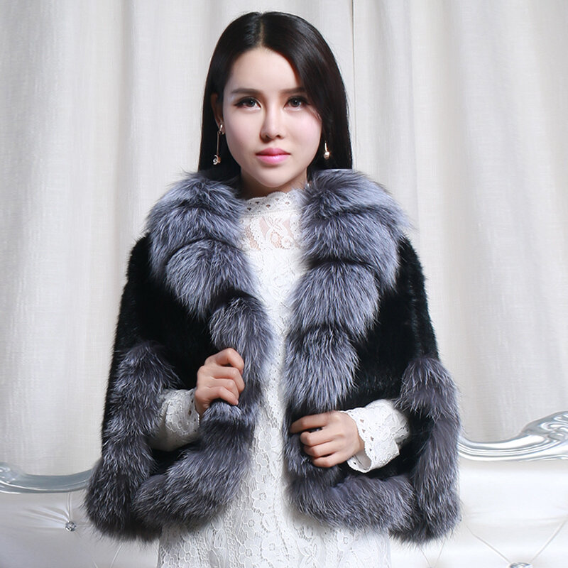 Real  Genuine Natural mink  coat for women Fashion Knit Jacket Cape fox fur collar shawl white knitted autumn winter coat
