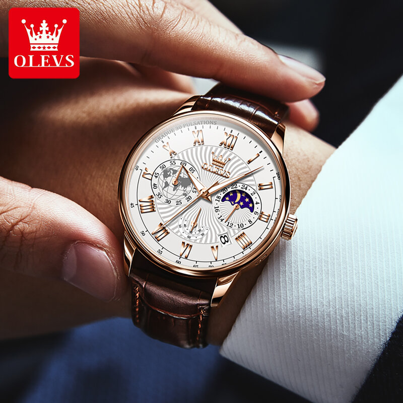 OLEVS Brand New Fashion Chronograph Quartz Watch for Men Luxury Leather Multifunction Moon Phase 24 Hours Luminous Mens Watches