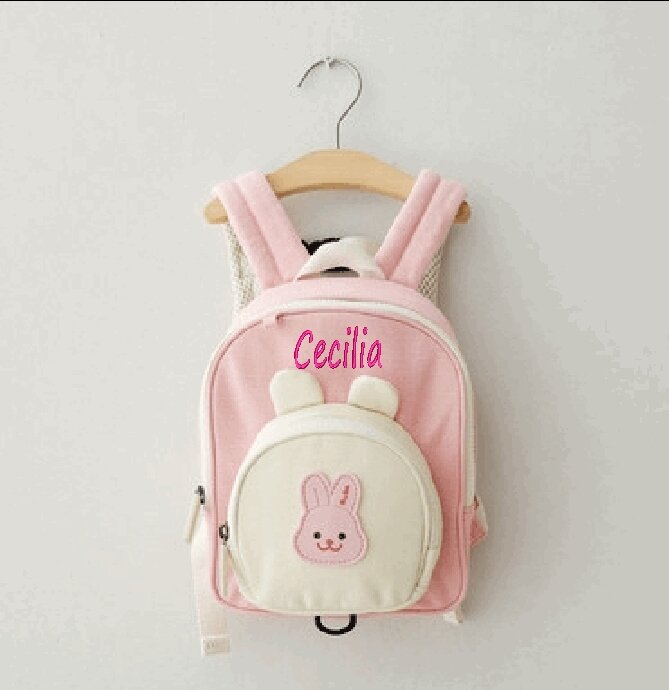 Mochila bordada personalizada para niños pequeños, Animal de dibujos animados, oso, conejito, Kawaii, almacenamiento de aperitivos al aire libre, bolsa de bebé