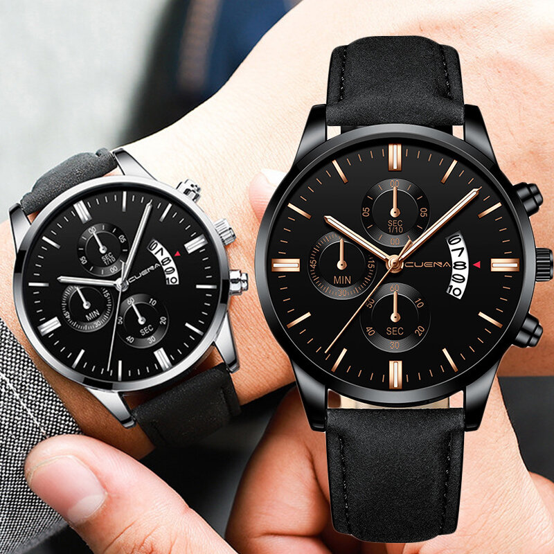 Men Stainless Steel Case Leather Strap Watch Quartz Business Wristwatch Male Luxury Military Watches Calendar Male Clock Watch