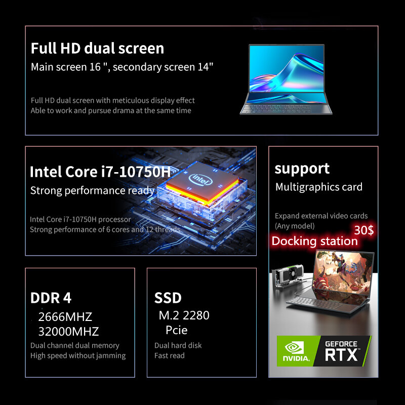 Intel Core i7 10750H Dual Screen Laptop 16 Inch (14 Inch Touch Screen) Gaming Laptop Notebook Computer DDR4 Windows 10 11 Pro