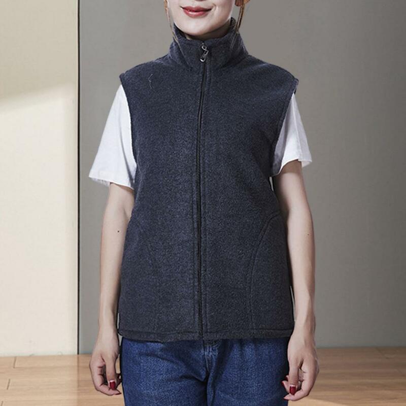 Women Winter Fall Vest Stand Collar Neck Protection Sleeveless Cardigan Vest Coat Plush Soft Pockets Mid-aged Mother Waistcoat