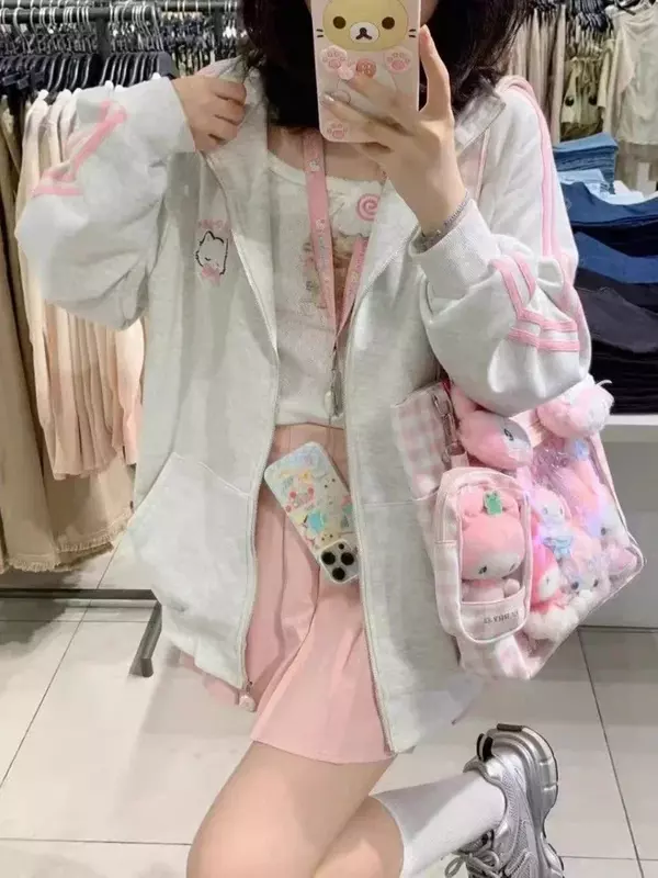 Houzhou-女性のためのカワイイジッパーパーカー、ピンクの猫の刺sized、特大のフード付きスウェットシャツ、日本のファッション、かわいい原宿、冬、2023