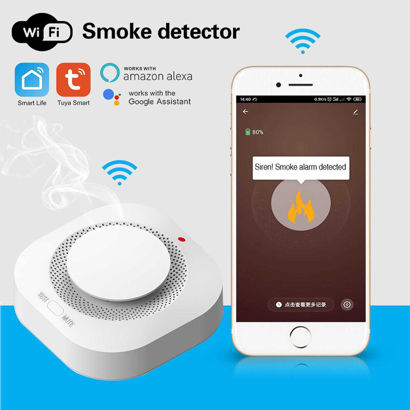 Smart Fire Sensing APP Push Remote Control Detector WIFI Graffiti Smoke Detection Alarm Siren Alexa Strong Anti-interference