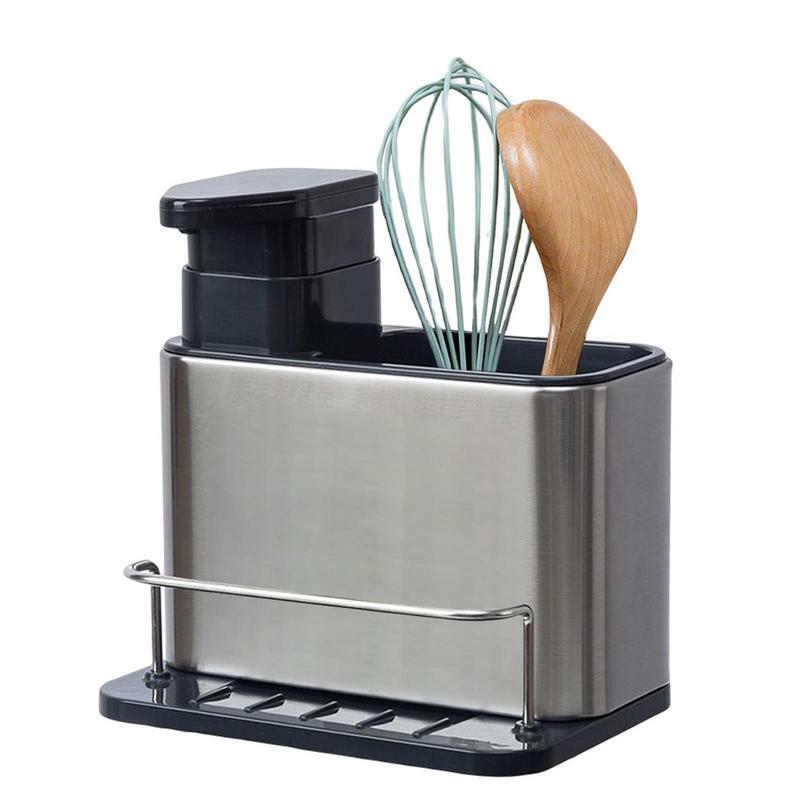 Organizador de fregadero de acero inoxidable 3 en 1, dispensador de jabón para cocina, soporte para esponja, bandeja dispensadora de jabón para platos, estante escurridor a prueba de óxido