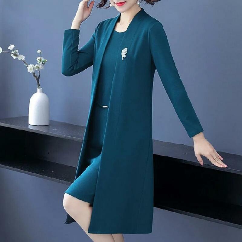 Women Dress Coat Suit Spring Fall Elegant Solid Color Middle-age Female Open Front Long Cardigan O Neck Sleeveless Dress Kit
