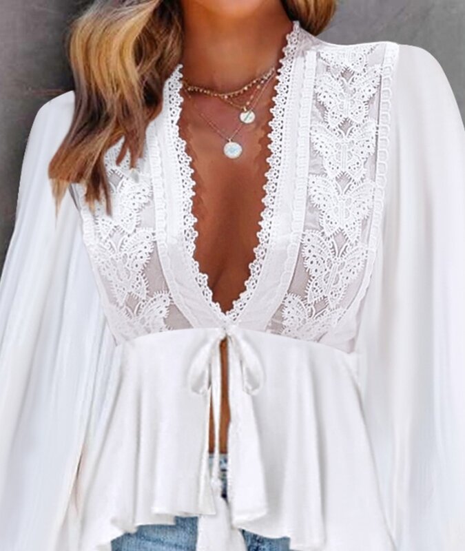 Women Sexy Blouses Shirt 2024 Summer New Fashion Tied Detail Lace Patch Lantern Sleeve Top Elegant T-Shirt Casual Pullover Tops
