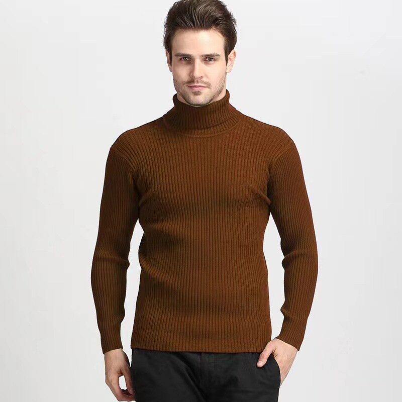 남성용 하이넥 니트 스웨터, 캐주얼 단색 수직 패턴 풀오버, 따뜻한 긴팔, 가을, 겨울