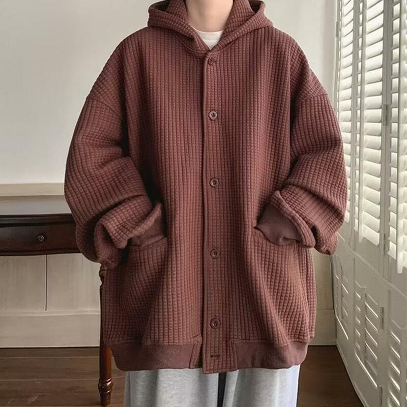 Sweatshirt Coat Hip Hop Style Loose Fit Jacket Men's Solid Color Waffle Texture Coat with Hood Long Sleeve Outwear for Autumn