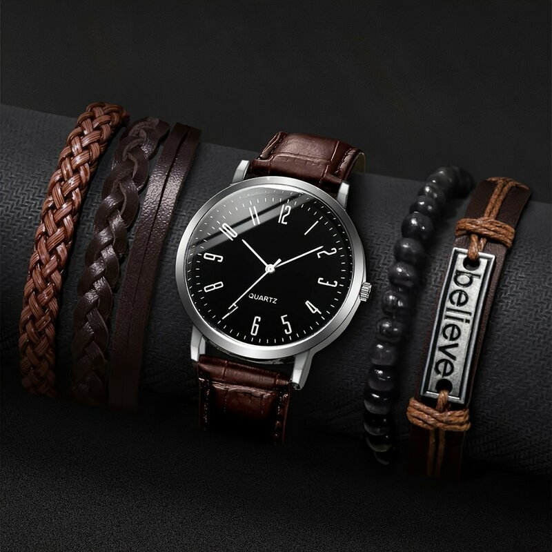 Zegarek męski Kegllect biznesowy Vintage okrągły wskaźnik kwarcowy zegarek ze skóry PU i pleciona bransoletka prezent dla mężczyzn