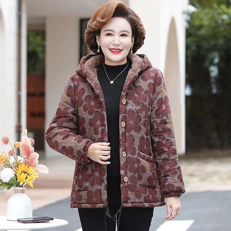 Jaqueta feminina com capuz acolchoado de algodão estampado, casaco de lã quente solto casual de meia idade e idoso, tamanho grande, moda feminina, inverno