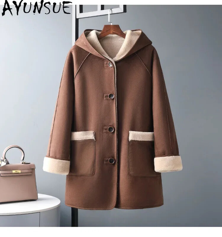 High-street AYUNSUE 100% Wool Coats for Women 2024 New Fashion Sheep Shearing Jacket Female Hooded Fur Double-sided Wear