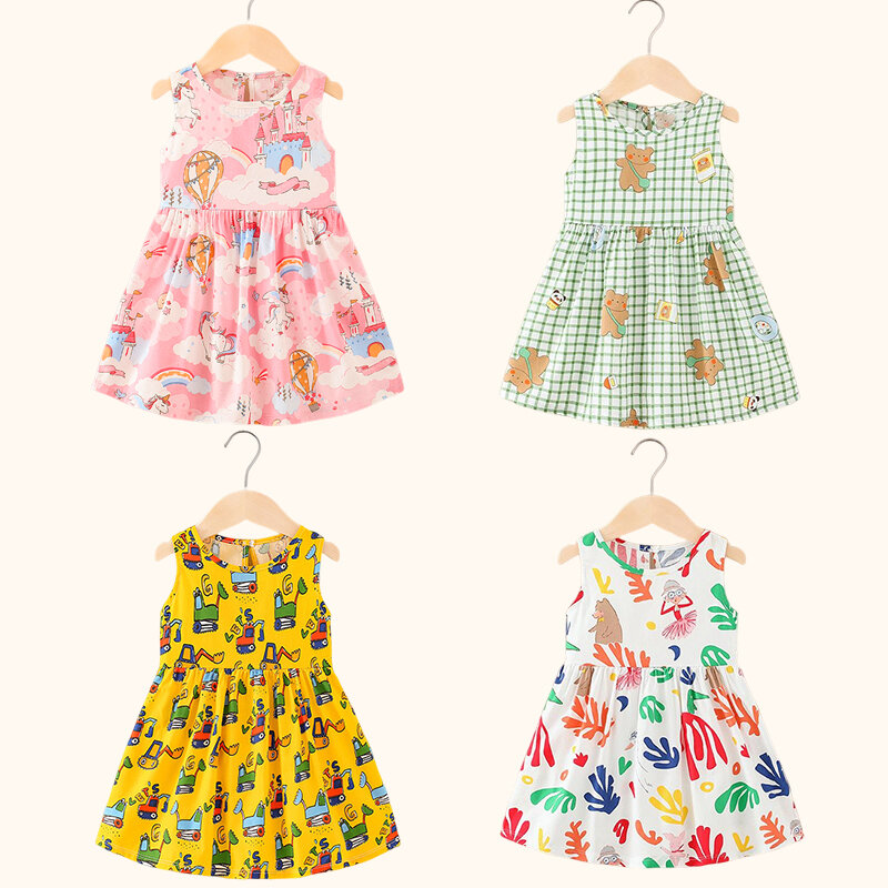 女の子のための綿のサマードレス,ノースリーブ,花柄,プリンセスパーティー,子供服