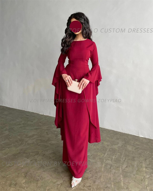Red Simple Long Evening Dresses O Neck Full Sleeves Prom Dresses Ankle Length فستان حفلات الزفاف Stain Formal Occasion Dress