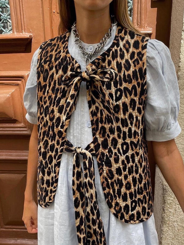 Schicke Leoparden bedruckte Schleife Schnür-Tanktop Frauen lose ärmellose Weste mit V-Ausschnitt 2024 Frühlings mode Dame Büro High Street Outwear