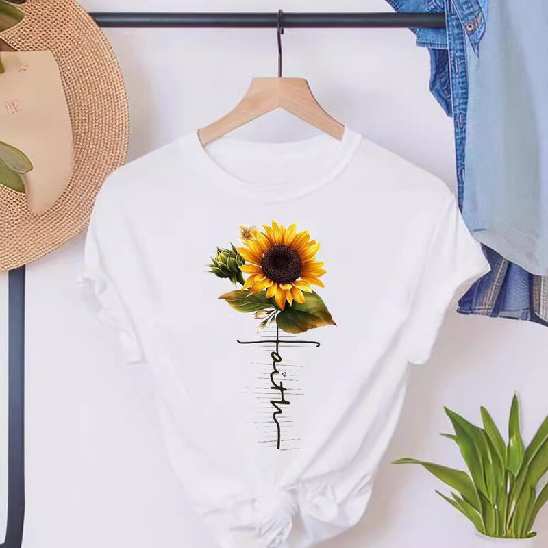Women's Short Sleeve Explosive Sunflower Creative Letter Printing Harajuku  Tops  Women Clothing  Oversized T Shirt