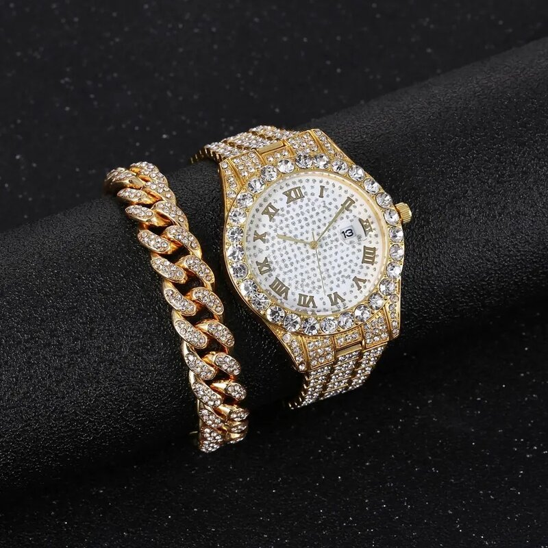 Reloj de pulsera con diamantes de imitación para hombre y mujer, cronógrafo de oro, de lujo, Unisex