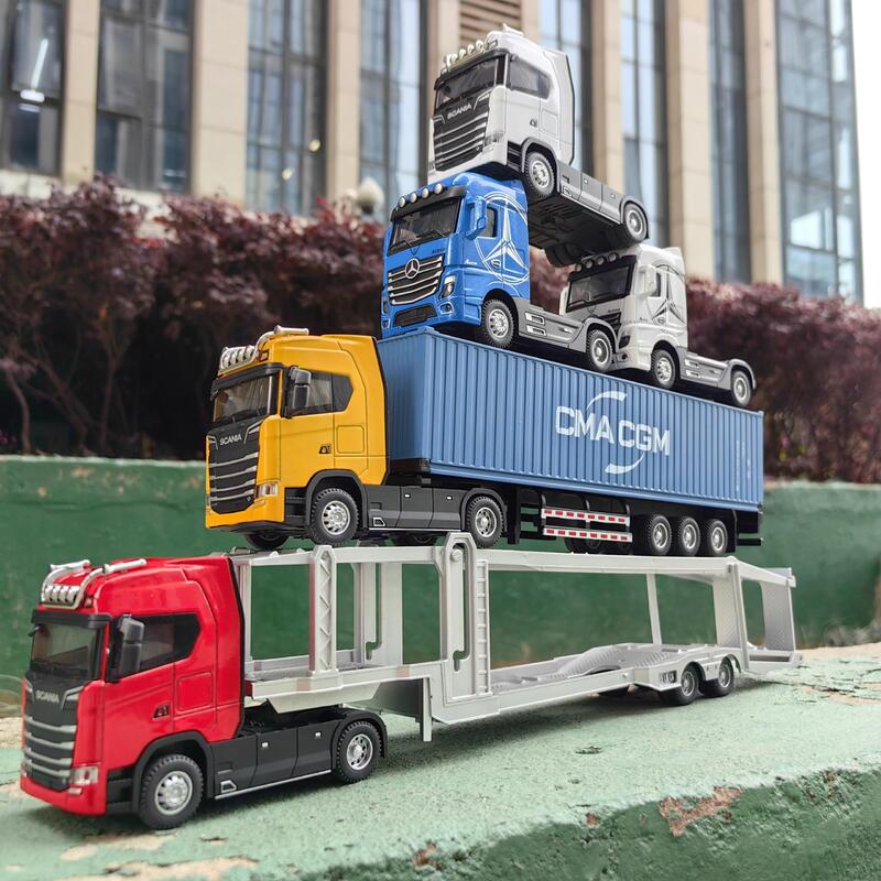 Alloy Diecast modelo de caminhão grande, 1:50, brinquedo do carro, simulação Container, som e luz, puxar, transporte modelo do veículo, presentes do miúdo