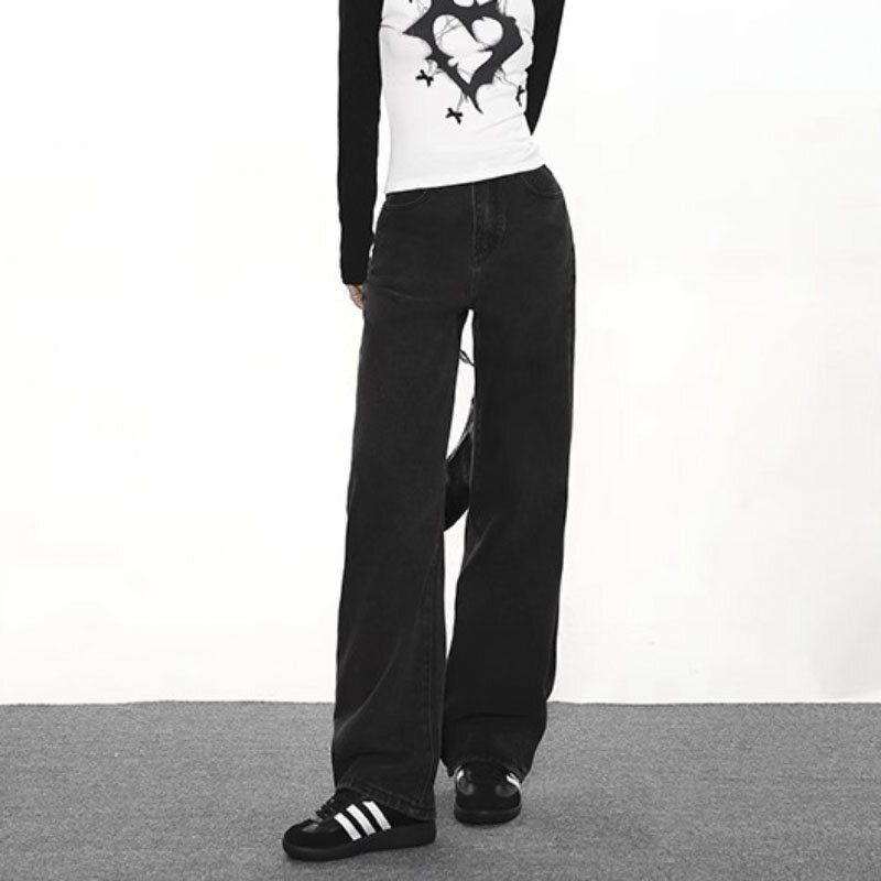Calças jeans femininas de cintura alta e pernas largas, jeans preto, roupas de rua vintage, nova moda, outono, Y2K