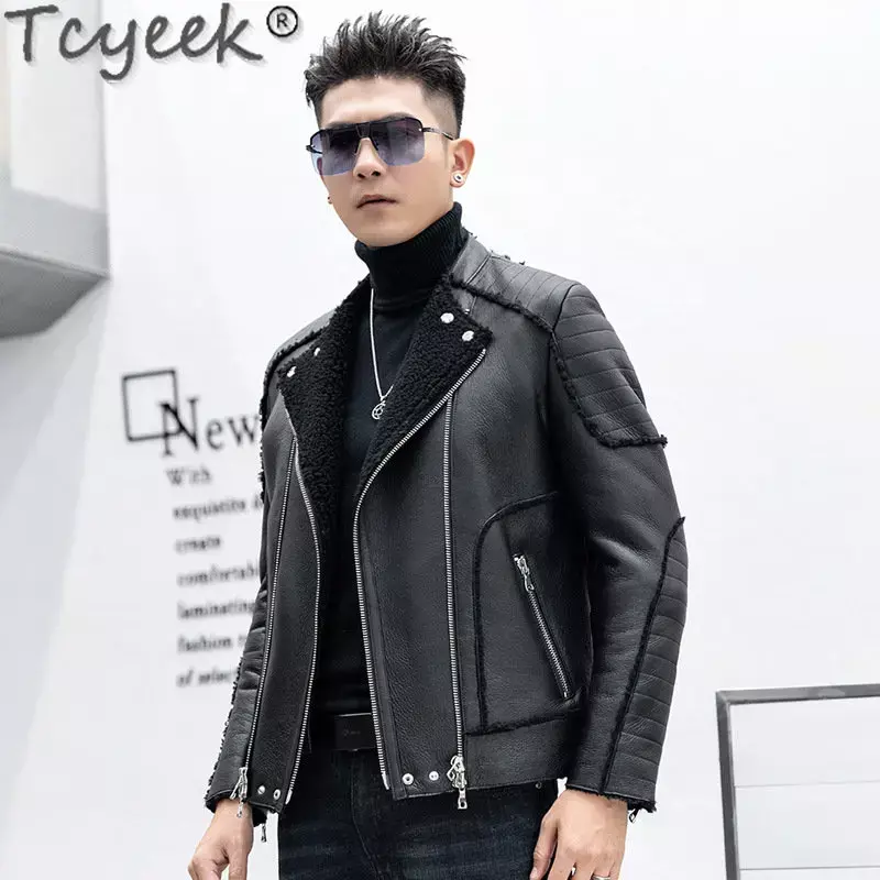 Tcyeek 2023 Winter Thickened Real Fur Coats Chic Genuine Leather Motorcycle Jacket Men Clothes Men's Natural Sheepskin Fur Coat