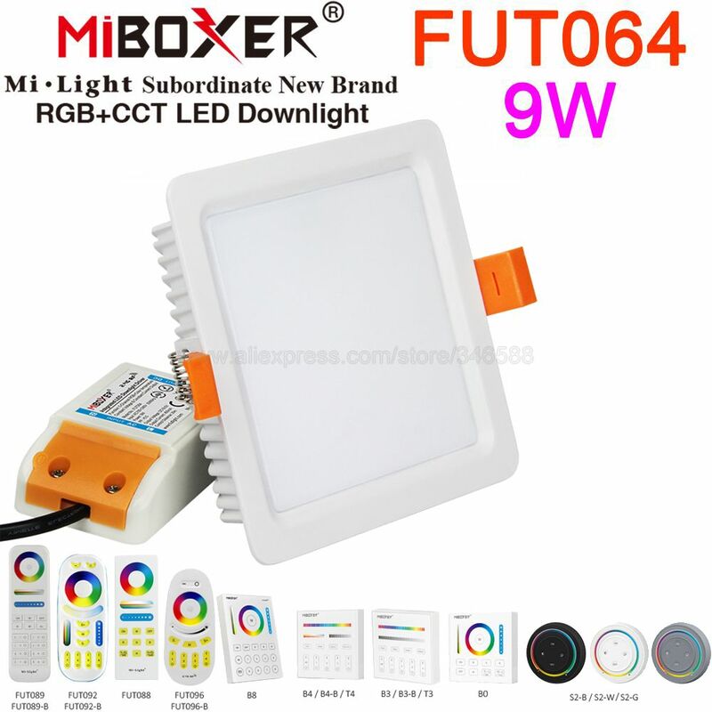 Miboxer fut064 9w rgb + cct quadrado led downlight ac110v 220v led teto spotlight 2.4g controle sem fio wifi app controle de voz