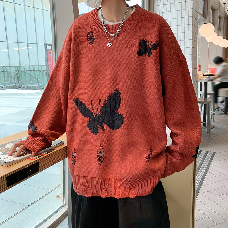 Sweater pria High Street Chic lengan panjang, pullover kasual longgar gaya Korea, pakaian rajut Retro sederhana musim gugur