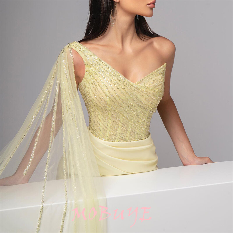 MOBUYE 2024 популярное платье на одно плечо для выпускного вечера длиной до пола с коротким рукавом вечернее модное элегантное вечернее платье для женщин