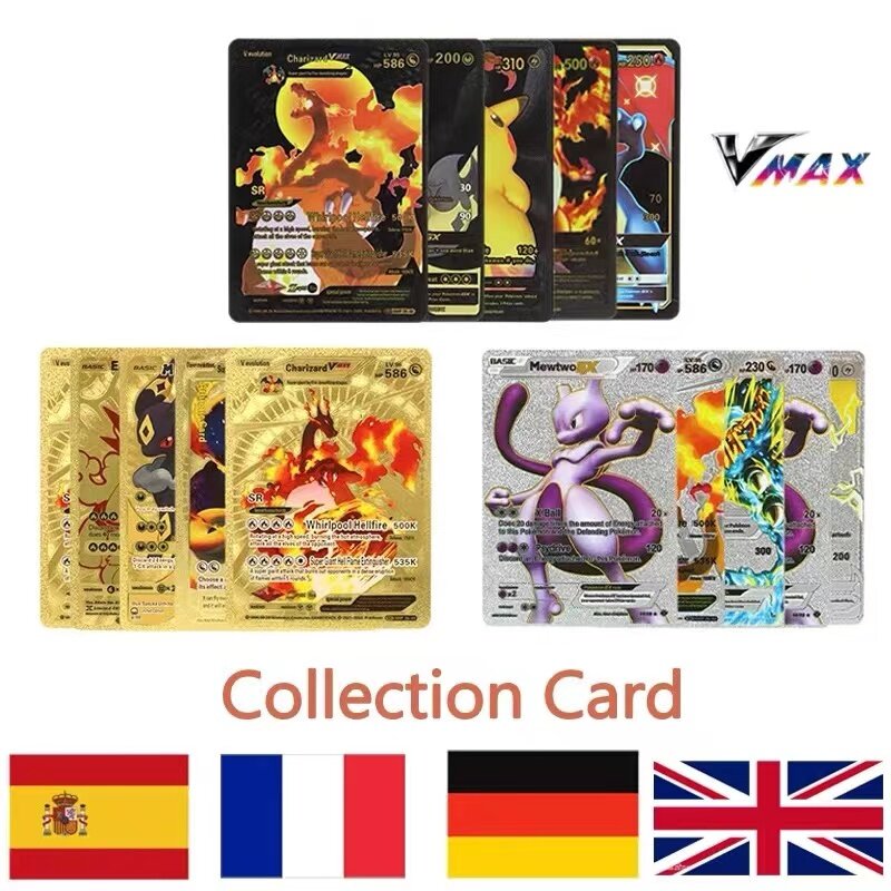 การ์ดโปเกมอน27-110ชิ้นการ์ดสะสมสีทองสีเงินดำ Vmax GX Pikachu Charizard ภาษาอังกฤษเยอรมันฝรั่งเศสบัตรสะสมของขวัญ