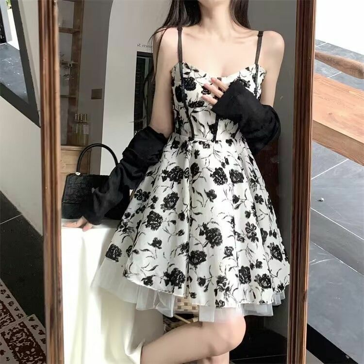 Sweet and Pure Desire Style Floral Camisole Dress+sun Protection Cardigan Set with Waist Cinching Small Sexy Fluffy Dress
