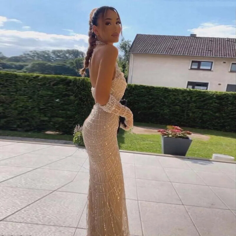 Arabic Luxury Halter Evening Dress Women Elegant Pearls With Gloves Mermaid Exquisite Formal Prom Occasion Wedding Party Gowns
