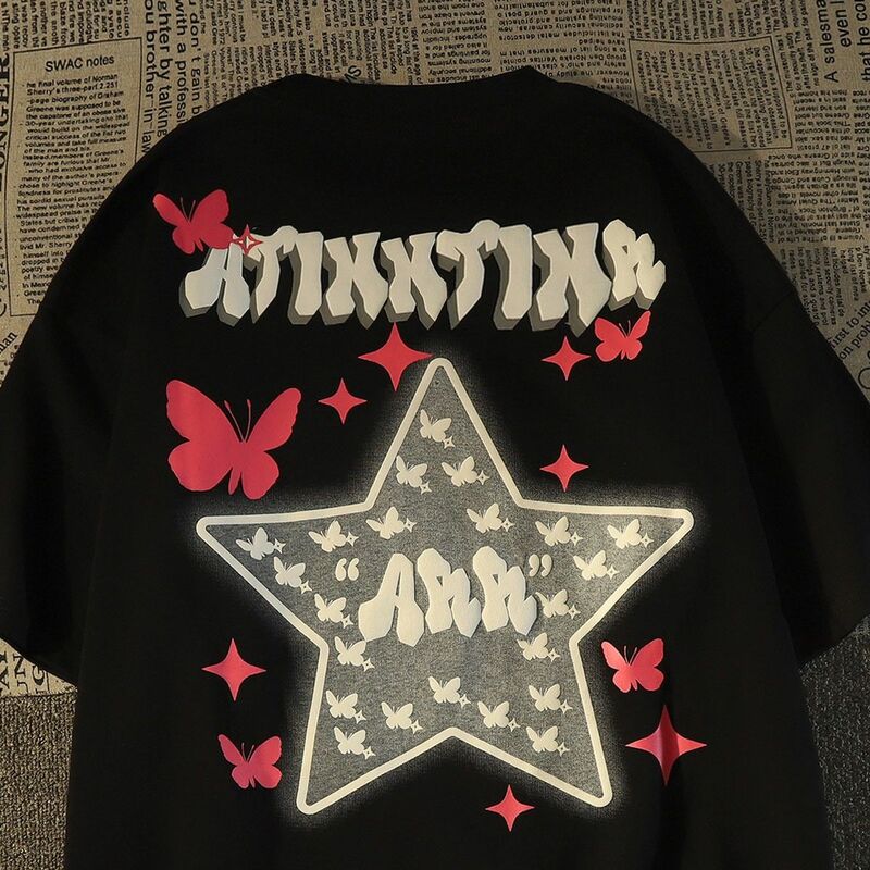 Harajuku gwiazda motyl koszulka z krótkim rękawem ulica para luźny Top Harajuku ponadgabarytowych T shirt Gothic Y2k topy kobiety ubrania