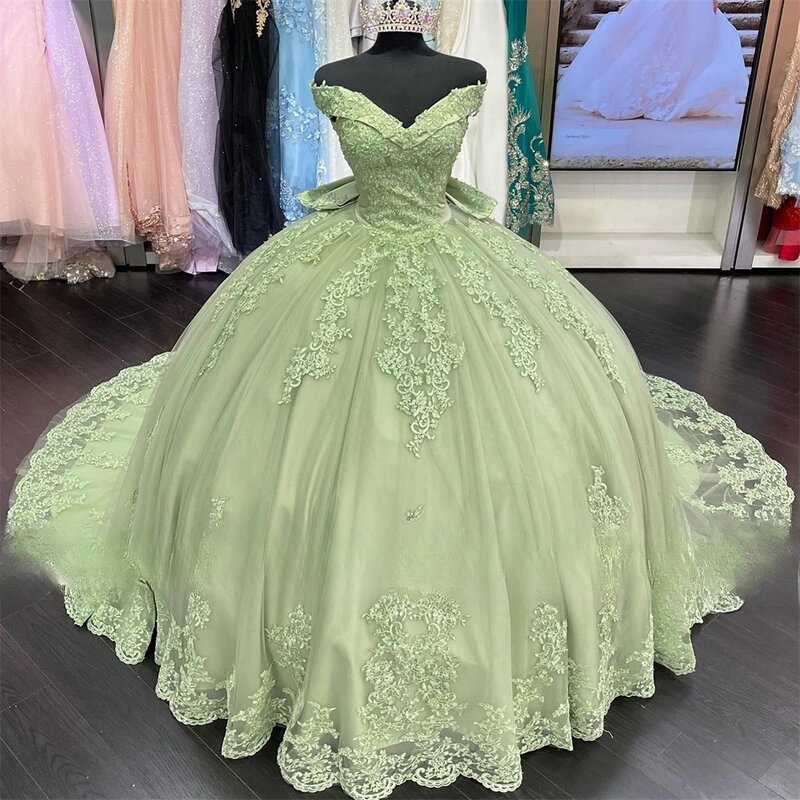 Gaun dansa putri Quinceanera hijau Mint gaun pesta bahu terbuka applique manis 16 Gaun 15 AFO Meksiko