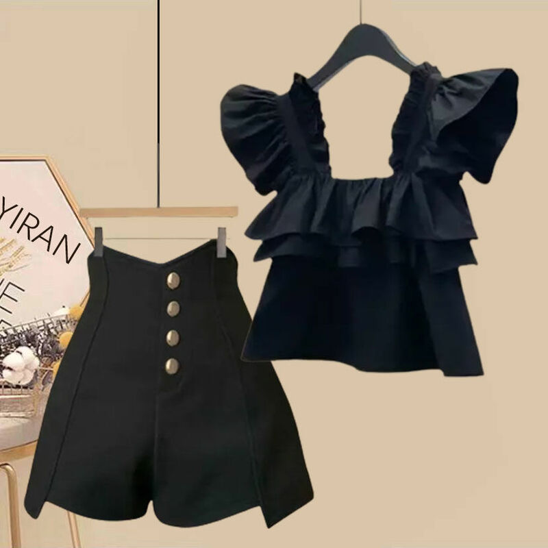 Летний модный комплект для женщин, новый корейский пикантный топ с открытой спиной и шорты с высокой талией, комплект из двух предметов