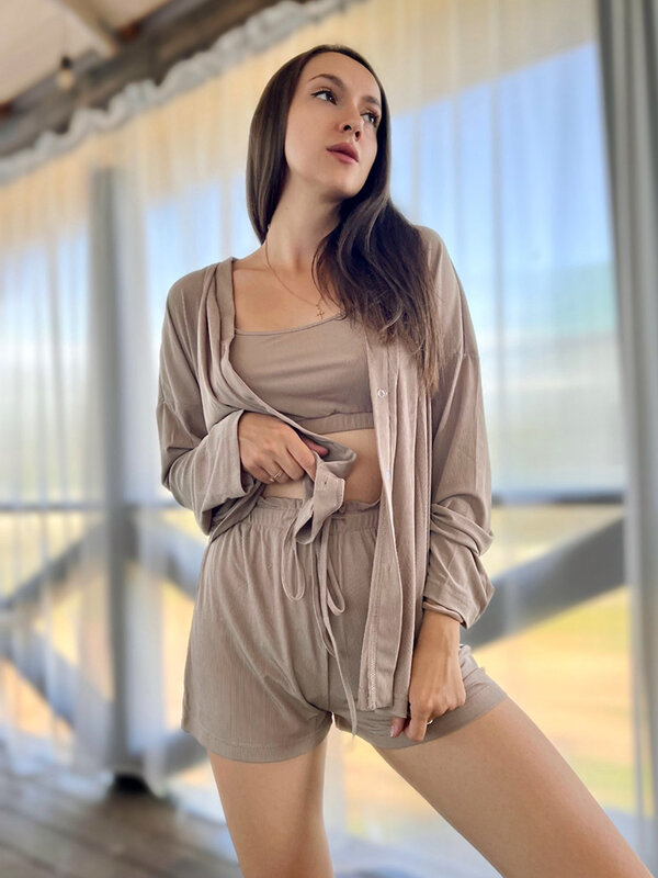 Hiloc Ice Silk Ribbed Pajamas Set Woman 3 Pieces Brown Single Breasted Home Suit Spaghetti Strap Crop Top Set With Shorts 2023