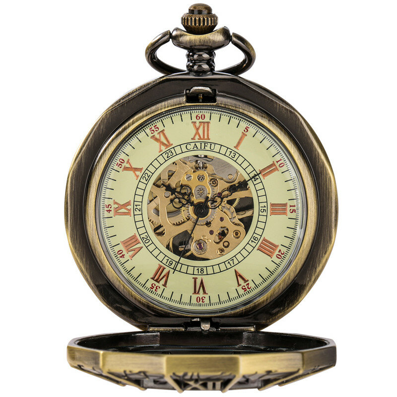 Reloj de bolsillo con número romano para hombre y mujer, reloj mecánico automático, cadena colgante Retro, cubierta de araña ahuecada, Steampunk