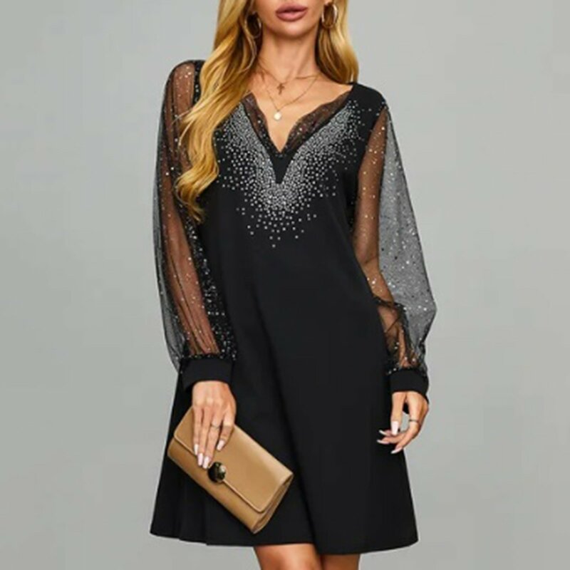 여성용 플러스 사이즈 드레스, 긴 소매 V넥 메쉬 글리터, 반짝이는 스팽글 원피스, 여성용 블랙 드레스, 2024