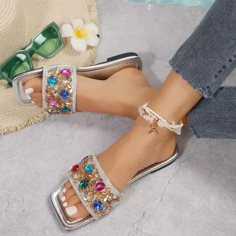 Women Slippers Summer New Luxury Rhinestone Women Slippers Square Toe Fashion Woman Slides Outdoor Casual Flat Slippers Ladies