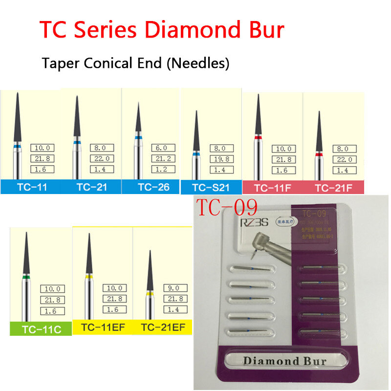 Cone Cônico End Diamante Burs Dental, Agulhas Forma, FG 1.6mm Diâmetro, TC-09, TC-10, TC-11, TC-21, TC-26,TC-28,, 10 Pcs