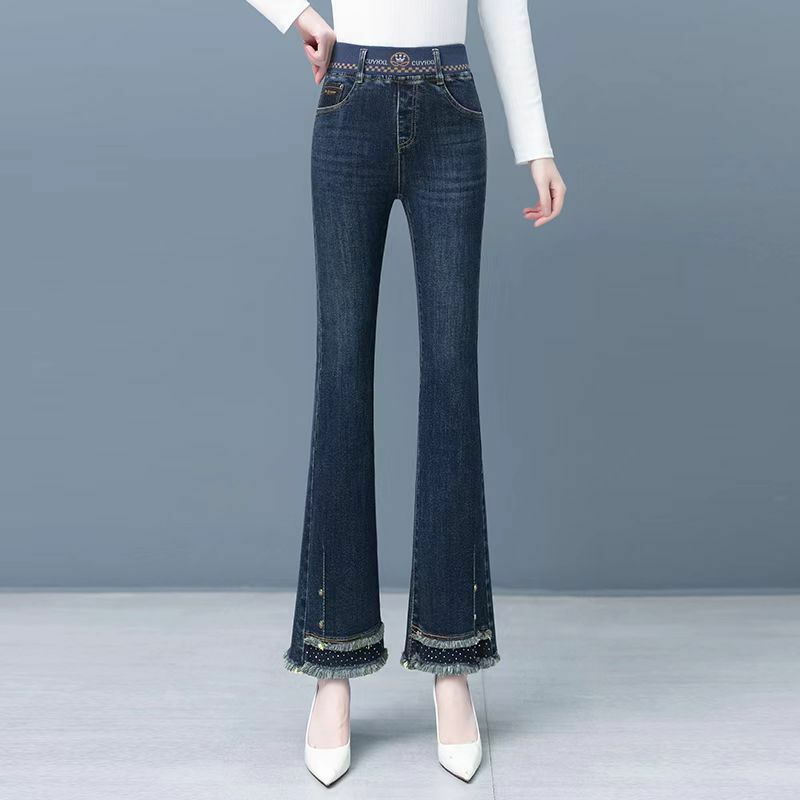 กางเกงยีนส์ขาบานสำหรับผู้หญิง MODE Korea กางเกงยีนส์สตรีทแวร์ทรงสลิมฟิตสำหรับสาวออฟฟิศกางเกงยีนส์ลำลองผ้ายืด